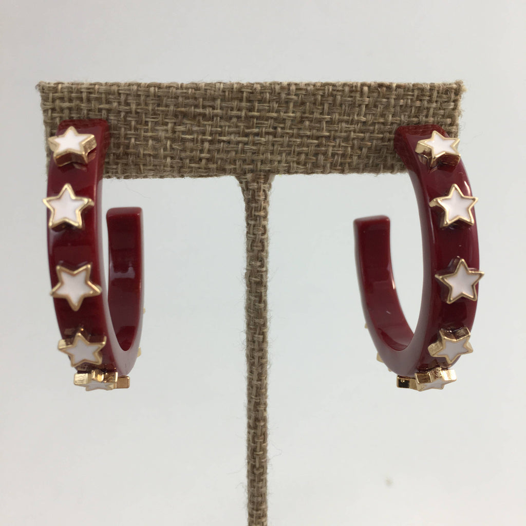 Burgundy and white star hoop earrings