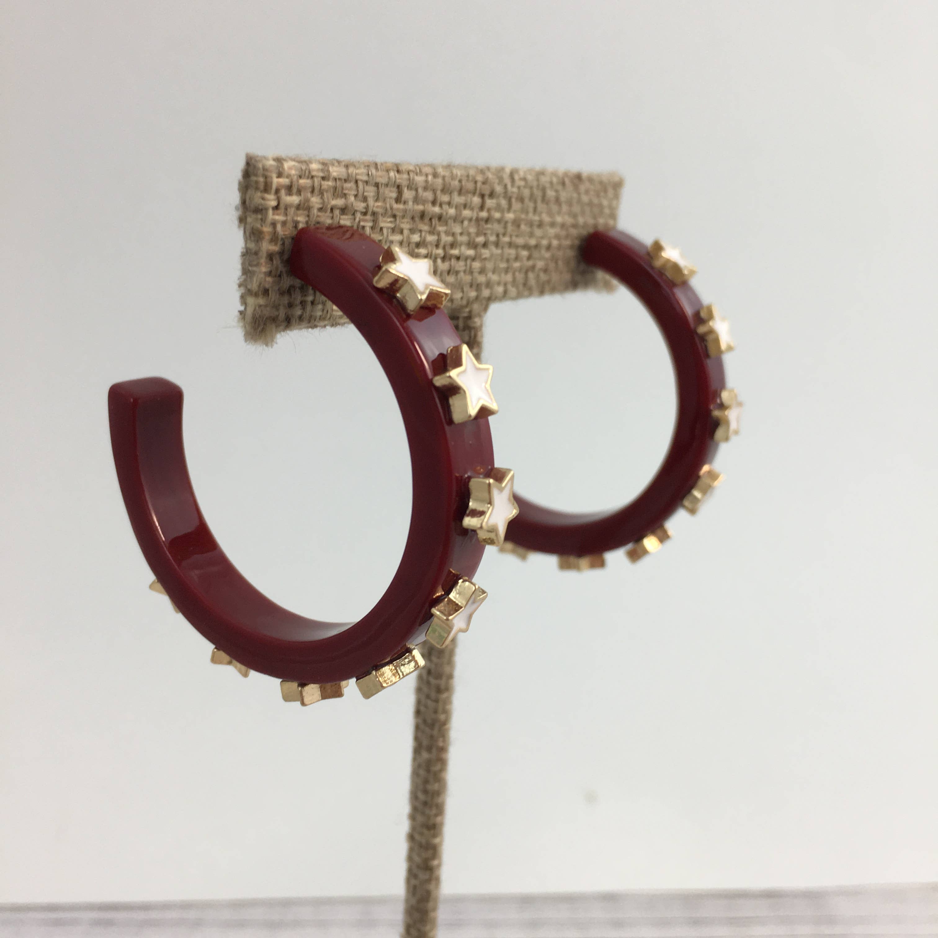 Burgundy and white star hoop earrings